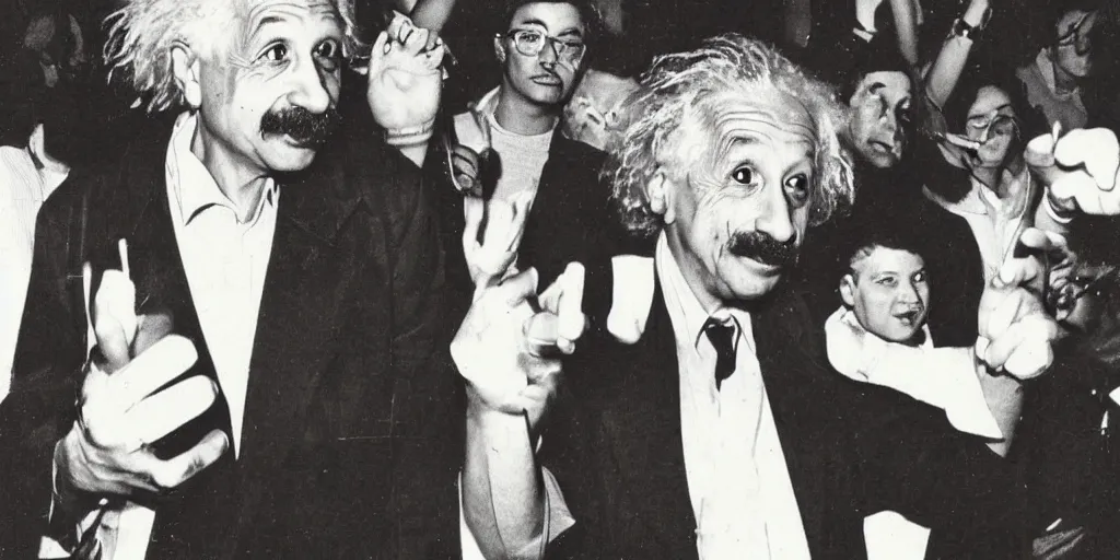 Prompt: old polaroid from 1 9 9 5 depicting albert einstein at a warehouse rave