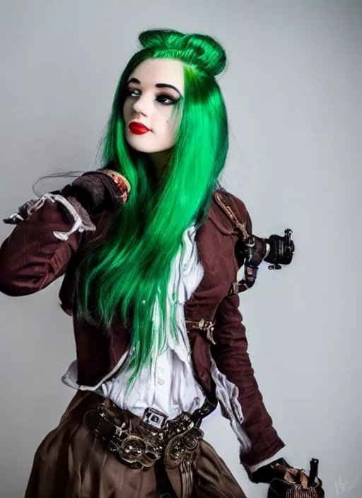 Image similar to a girl with green hair wearing steampunk clothes