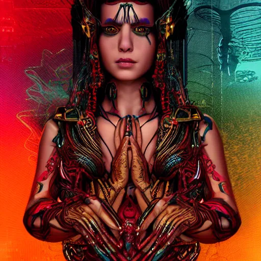 Prompt: succubus goddess close-up portrait tribal princess , sitting on intricate throne, high tech, cyberpunk, dystopian, jellyfish phoenix dragon, butterfly squid, burning halo, intricate artwork by Guy Denning, very coherent symmetrical artwork, cinematic, hyper realism, high detail, octane render, unreal engine, 8k, Vibrant colors, Smooth gradients, High contrast, depth of field,