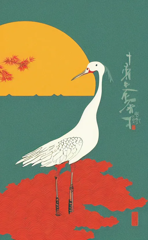 Image similar to hanafuda, portrait of huge japanese crane bird next to a lake in the middle of japanese pines, a big red sun in the background, front game card, vector line art, trending on behance, concept art, stunning, matte