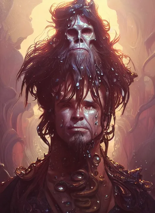 Image similar to portrait of davy jones, d & d, wet, shiny, fantasy, intricate, elegant, highly detailed, digital painting, artstation, concept art, smooth, sharp focus, illustration, art by artgerm and greg rutkowski and alphonse mucha