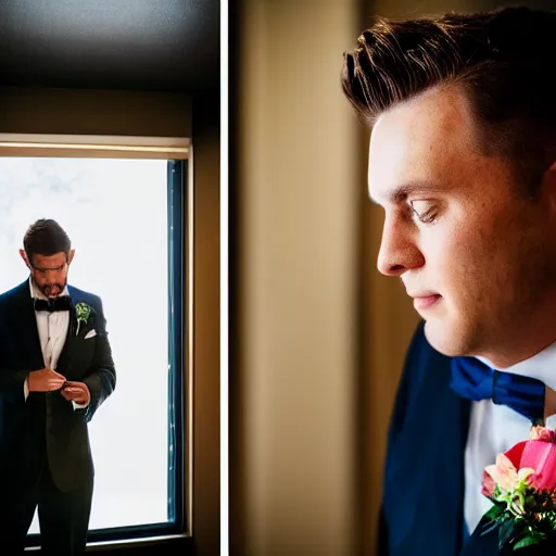 Prompt: mid close up of groom in hotel room getting ready for wedding, side light, window lighting, rembrandt lighting, filmed in imax 7 0 mm with a 4 0 mm anamorphic lens