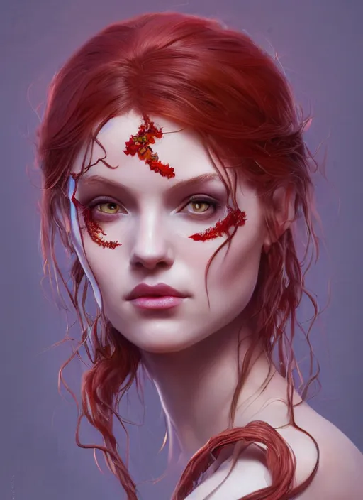 Image similar to symmetry!! poison ivy, machine parts embedded into face, intricate, elegant, highly detailed, digital painting, artstation, concept art, smooth, sharp focus, illustration, art by artgerm and greg rutkowski and alphonse mucha, 8 k