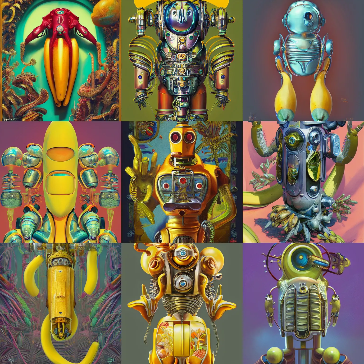 Prompt: Banana robot, art deco design, by Mandy Jurgens and Warhol, Ernst Haeckel, James Jean, artstation, concept art