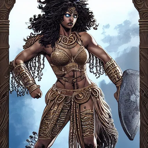 Prompt: greek amazon warrior, a tall beautiful woman with brown skin and long curly dark hair, dressed in hellenistic body armour, intricate, elegant, highly detailed, smooth, sharp focus, detailed face, high contrast, graphic novel, art by pepe larraz,