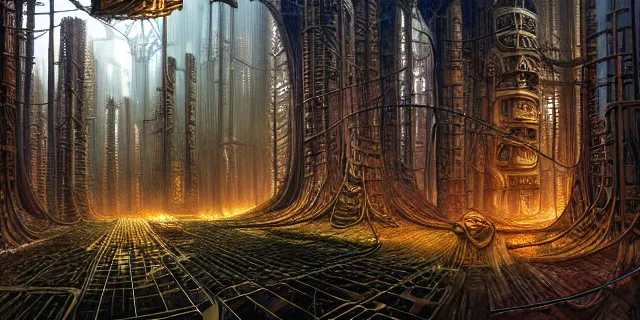 Prompt: painting of redwood forest labyrinth consuming cyberpunk metropolis in the style of steampunk by dan seagrave and tomasz alen kopera