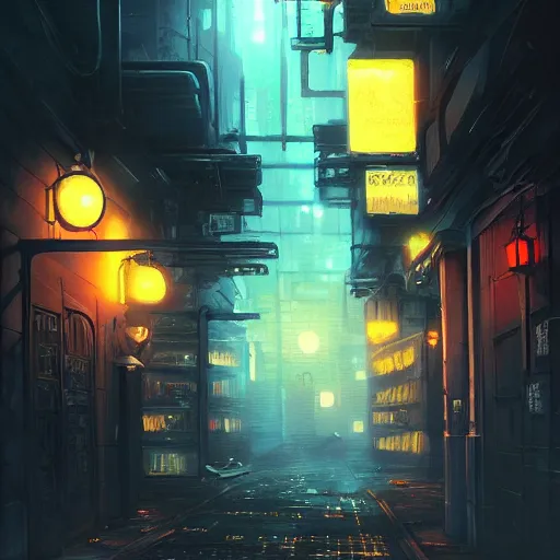 Prompt: a ultra detailed beautiful painting of a dark alleyway in a cyberpunk city at nighttime, oil panting, high resolution 4 k, by ilya kuvshinov, greg rutkowski and makoto shinkai