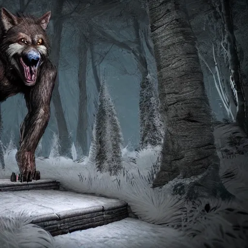 Prompt: hyper realistic werewolf hidden in the dark. higly detailed. background is a deep dark cabin in the woods. unreal engine 5