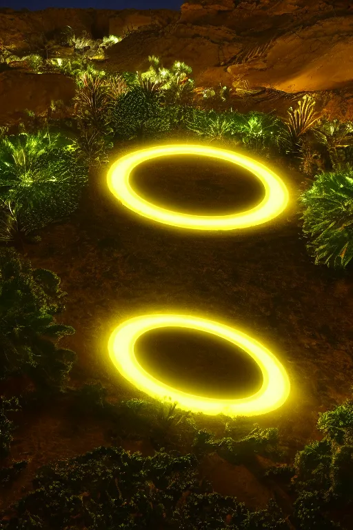 Prompt: a luminous circular stargate in the desert through which a lush jungle is visible