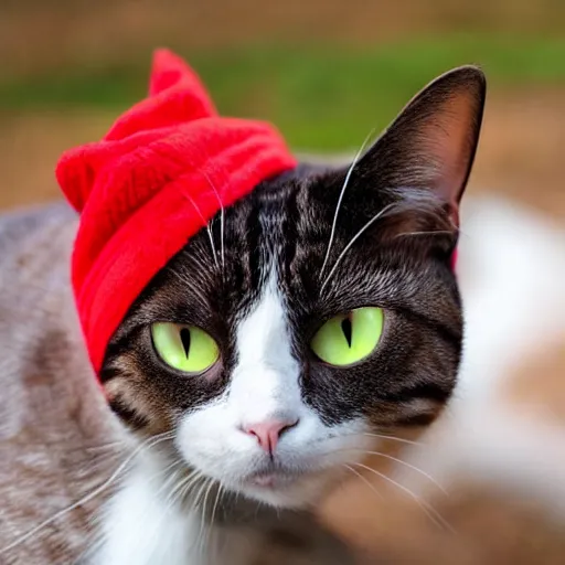 Image similar to a cat wearing a red beanie and a red hoodie