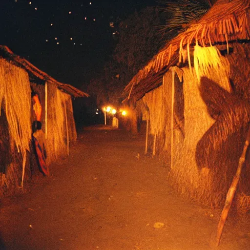 Prompt: photo african village at night, flash photography, cinestill, 800t, 35mm, full-HD