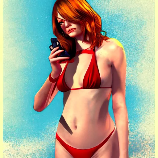 Image similar to emma stone in gta v wearing a red bikini taking a selfie, cover art by stephen bliss, artstation, no text
