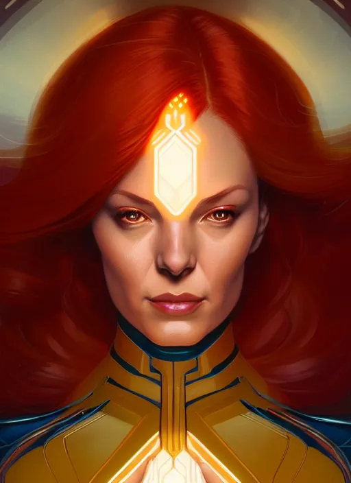 Image similar to symmetry portrait of jean grey from 9 0 s x - men, glowing lights, intricate, elegant, highly detailed, digital painting, artstation, concept art, smooth, sharp focus, illustration, art by artgerm and greg rutkowski and alphonse mucha