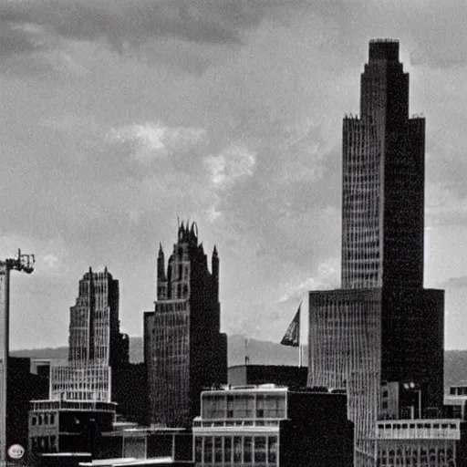 Image similar to albany skyline, godzilla attacking the corning tower, old movie