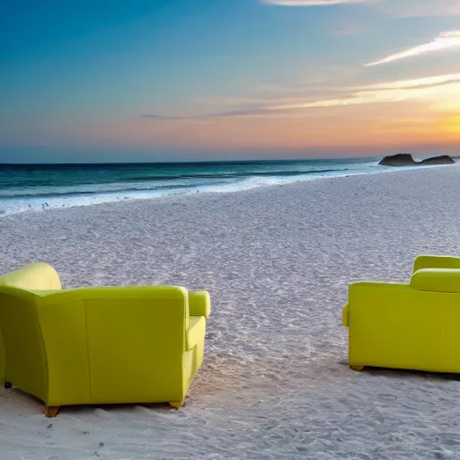 Prompt: photo of a chartreuse sofa on the beach