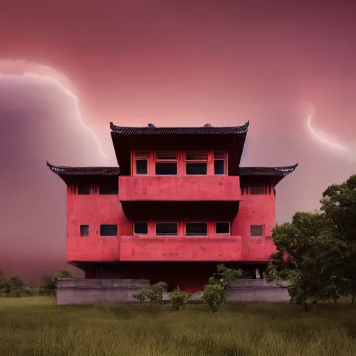 Image similar to modernist house inspired by a tibetan palace between big trees, red clouds, dramatic lighting, artstation, matte painting, raphael lacoste, simon stalenhag, frank lloyd wright, zaha hadid