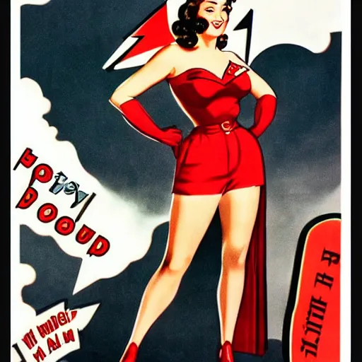 Prompt: full body woman super hero pin up poster, 1940s photo real, dramatic lightning, highly detailed, high quality, HD