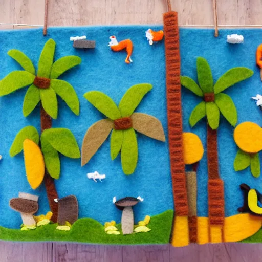 Prompt: detailed felt diorama of people sleeping in hammocks that look like bananas, jungle background with lots of palm trees