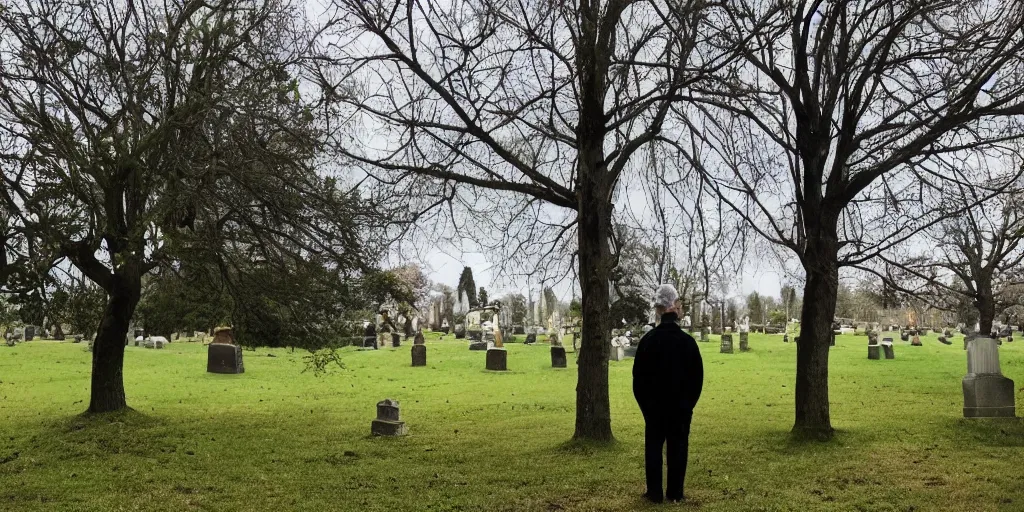 Prompt: Photo of a man in black hidden behind a tree in the cemetery