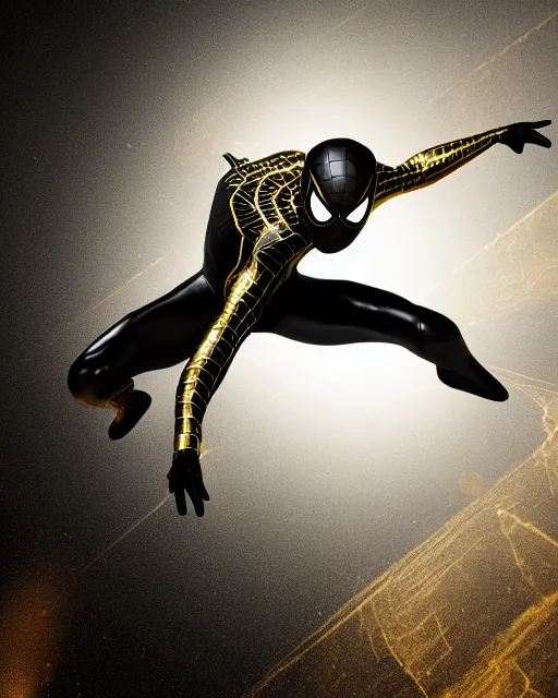 Image similar to photograph of a black and gold suit spider - man, dslr, cinematic, volumetric lighting, 8 k resolution, photorealistic, octane render, 3 d render