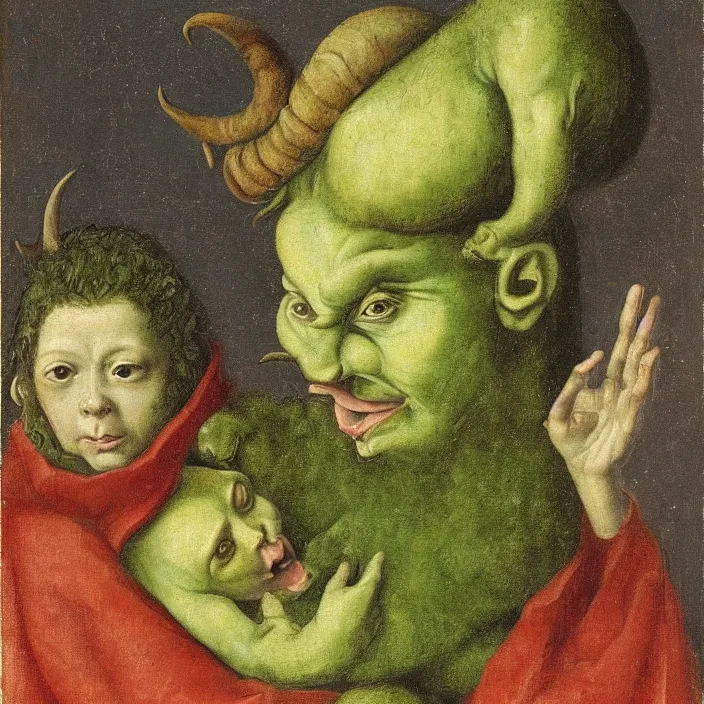 Prompt: a green - horned goblin holding a child, early netherlandish painting,