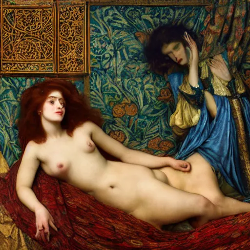 Prompt: preraphaelite photography reclining on bed, a hybrid of judy garland and a hybrid of sappho and eleanor of aquitaine, aged 2 5, big brown fringe, yellow ochre ornate medieval dress, john william waterhouse, kilian eng, rosetti, john everett millais, william holman hunt, william morris, 4 k