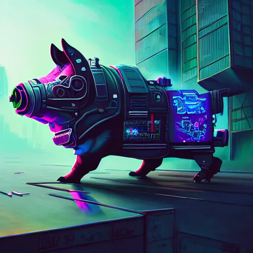 Image similar to painting of a cyberpunk flying pig, sharp focus, award - winning, trending on artstation, masterpiece, highly detailed, intricate, cartoon, anime. art by merwild and ernesto irawan and rachel denton