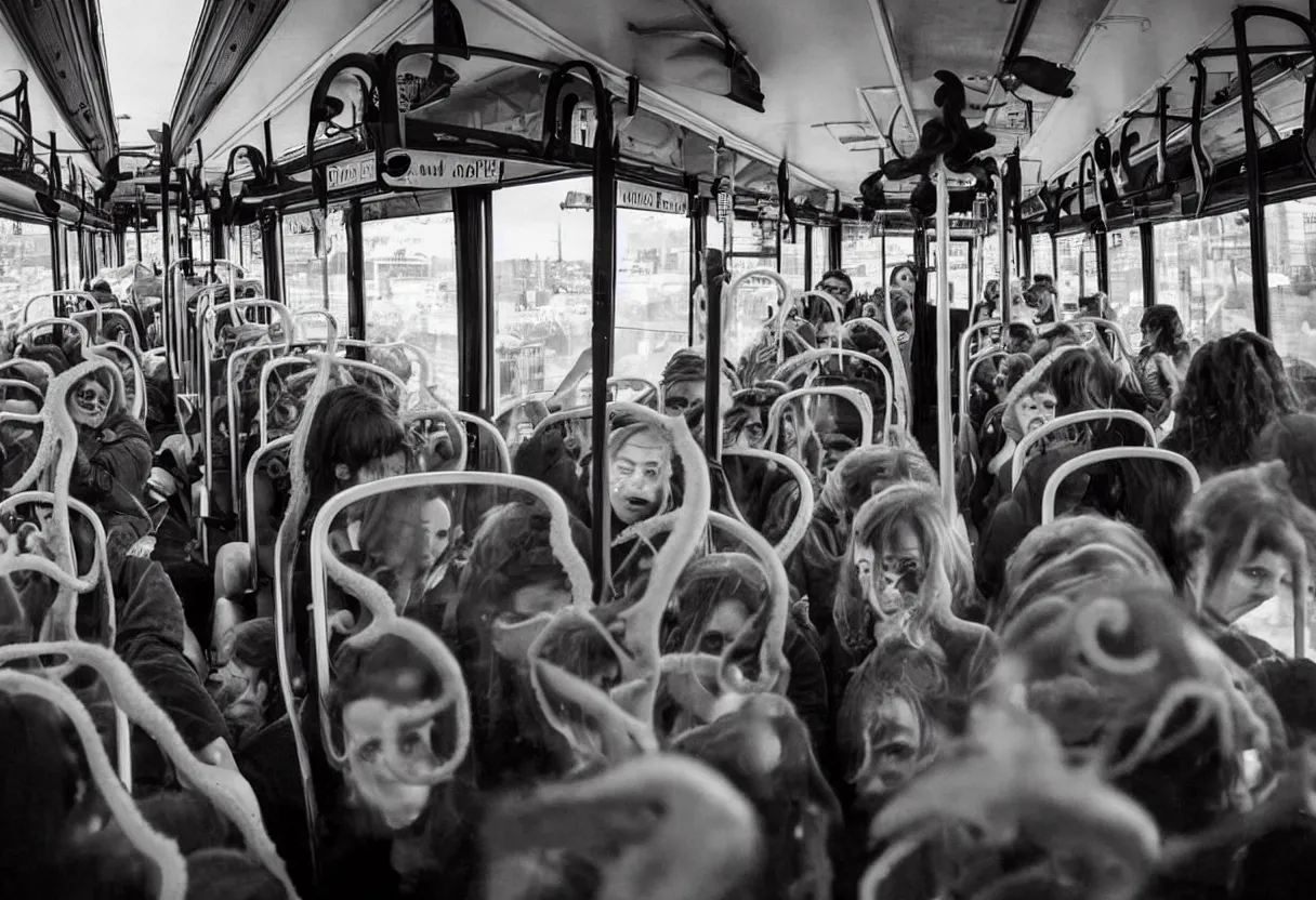 Image similar to a wide photo of a interior of a crowded bus with a huge octopus trying to get in, octopus beak can be seen, arms creeping in thrugh the windows, people are scared and screaming while trying to free through the windows and doors,