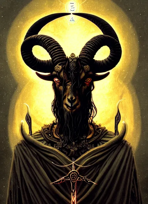 Image similar to elden ring themed orthodox baphomet goat icon tarot card portrait, piercing gaze, byzantine aesthetic, doom, religious, sinister, ornate, intricate, beautifully backlit, subtle tones, digital painting, concept art, smooth, sharp focus, illustration, art by josan gonzalez, greg rutkowski, killian eng and zdizslaw beksinski