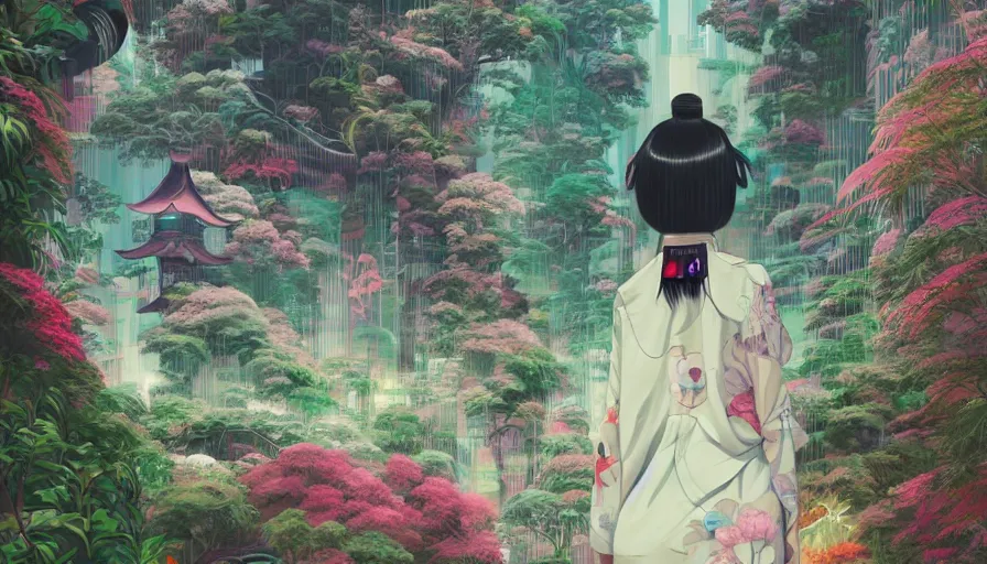 Prompt: a digital painting of a woman in the distance wearing gucci exploring a magical japanese temple, lush plants and flowers, eco - cyberpunk art by james jean, cgsociety, retrofuturism, anime aesthetic, chromatic, iridescent, uhd