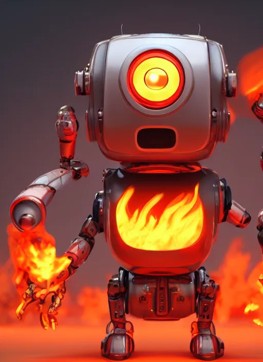 Image similar to full shot,a painting of cute robot toy with big eyes made of flame,Ford, Henry Justice,trending on artstation,3d octane render,High detail