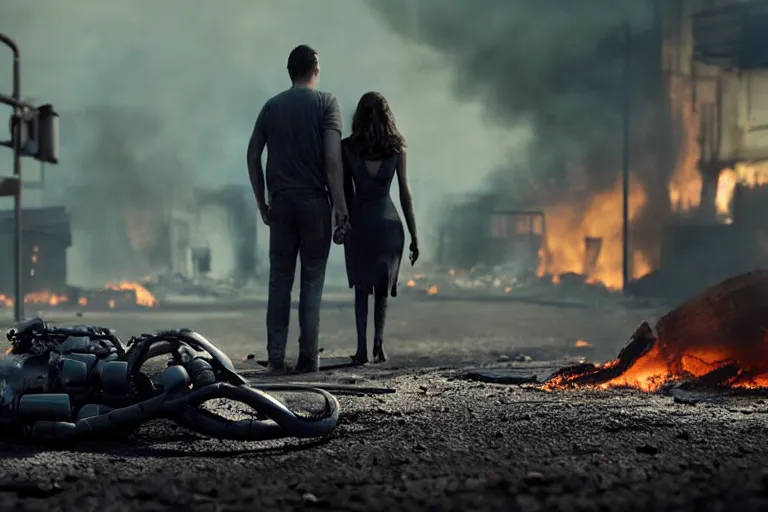 Image similar to vfx film closeup, dead robot couple on the ground holding hands, city street tire tracks fire. flat color profile low - key lighting award winning photography arri alexa cinematography, hyper real photorealistic cinematic atmospheric cool colorgrade