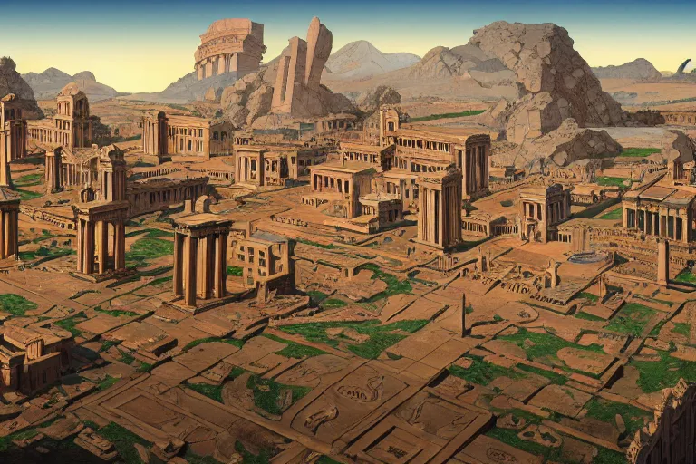 Image similar to an ancient roman city, by paolo eleuteri serpieri and tomer hanuka and chesley bonestell and daniel merriam and tomokazu matsuyama, clearly defined outlines, unreal engine, high resolution render, featured on artstation, octane, 8 k, highly intricate details, vivid colors