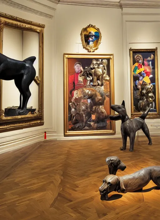 Prompt: a museum room with an sculpture of a velvet dogs made by koons