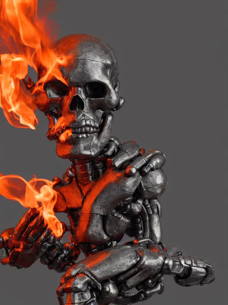 Image similar to the thinker sculpture as an skully I Robot with a smoke and fire background, by mario feng, ray tracing, master shot, octane render, 8k, ultra hd, perfect light