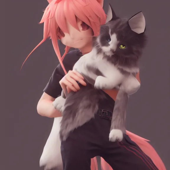 Image similar to 3D render of a cute anime boy with cat ears and tail, fantasy artwork, fluffy, mid-shot, award winning, hyper detailed, very very very beautiful, studio lighting, artstation, unreal engine, unreal 5, 4k, octane renderer