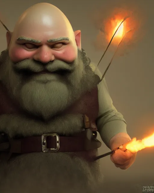 Image similar to bald gnome big white beard, dagger, bomb, running, field, angry, hyper realism, cinematic, volumetric lighting, high detail, octane render, unreal engine, 8 k, depth of field, concept art, dnd, digital art, deviantart artstation, extremely detailed, very sharp, in the style of greg rutkowski