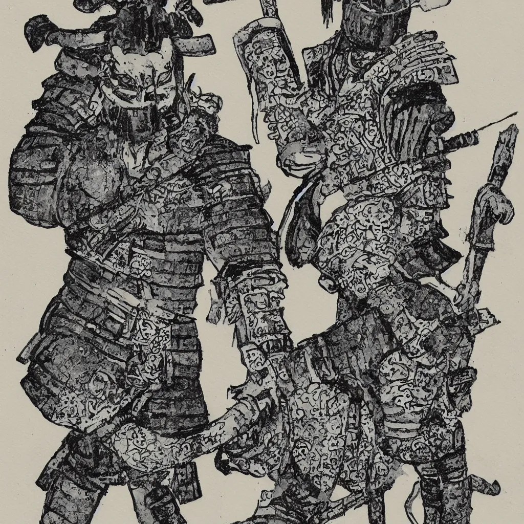 Image similar to a samurai wearing an iron koala mask, full body photo, comic style