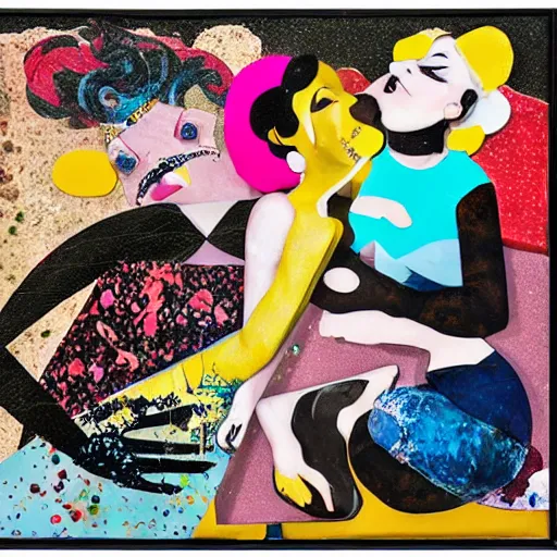 Prompt: two curvy women kissing at a carnival at dusk, mixed media collage, retro, paper collage, magazine collage, acrylic paint splatters, bauhaus, abstract claymation, layered paper art, sapphic visual poetry expressing the utmost of desires by jackson pollock