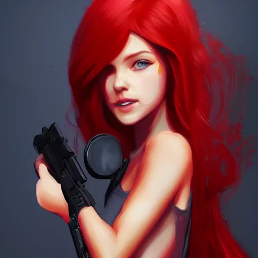 Prompt: a concept art of a girl with red hair holding a gun, highly detailed, digital painting, artstation, concept art, smooth, sharp focus, illustration