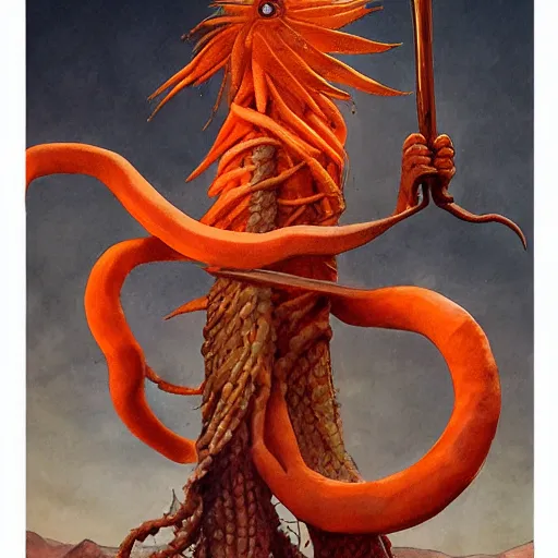 Image similar to by joao ruas jaunty carrot orange. a sculpture of a large, looming creature with a long, snake body. many large, sharp teeth, & eyes glow. wrapped around a large tree, bent under the weight. small figure in foreground, a sword, dwarfed by the size of the creature.