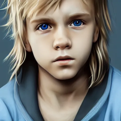 Prompt: a detailed portrait of a blonde boy with blue eyes, digital concept art illustration, incredibly detailed and realistic, 8 k, sharp focus