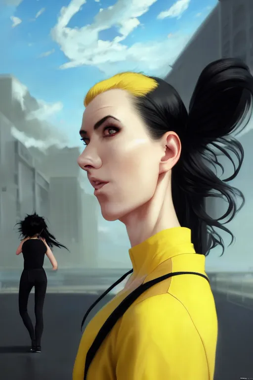 Image similar to black ponytail hair, pale woman in a black unzipped jacket, black shorts, yellow eyes, by artgerm, hair tied in a ponytail, black backdrop, masterpiece, beautiful render, matte painting, realistic, dynamic angle, wlop, loish, octane render, sharp focus, decadent, by greg rutkowski makoto shinkai