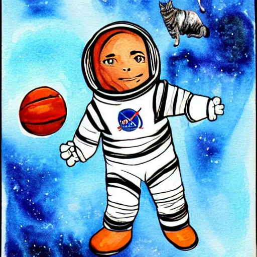 Prompt: an astronaut playing basketball with cats in space as a watercolor