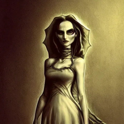 Image similar to michael karcz grunge drawing of natalie portman. , in the style of corpse bride, loony toons style, horror themed, detailed, elegant, intricate, trending on artstation, 4k