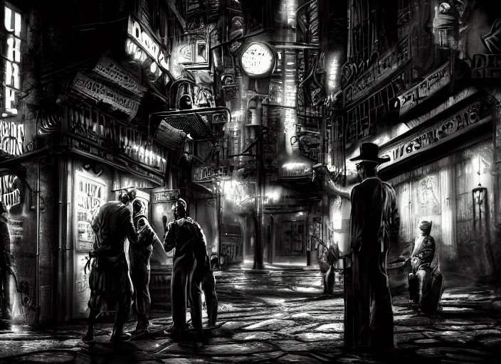 Image similar to people arguing in a film noir steampunk alley, psychedelic, fine texture, detailed, dramatic lighting, dark, neon