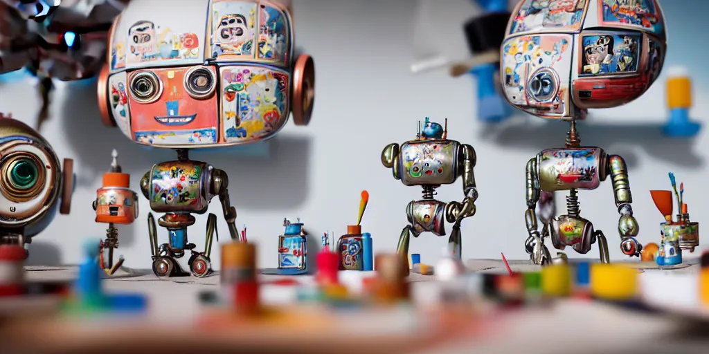 Image similar to closeup portrait of tin toy retro robots painters mixing gouache on white paper table in an artist workshop, depth of field, zeiss lens, detailed, centered, fashion photoshoot, by nicoletta ceccoli, mark ryden, lostfish, breathtaking, 8 k resolution, extremely detailed, beautiful, establishing shot, artistic, hyperrealistic, octane render