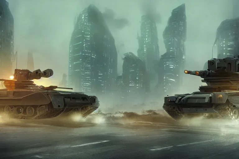 Image similar to large futuristic tank with 3 turrets taking over a futuristic city on fire, night, fog, thunder, rain, cinematic, volumetric lighting, f 8 aperture, cinematic eastman 5 3 8 4 film, photorealistic