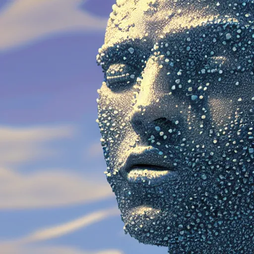 Image similar to a human head sculpture made out of juicy jelly on the ocean water, cinematic, in the style of chad knight, long shot, hyper detailed, hyper realistic, ray tracing, 8 k resolution, sharp focus, realistic water, award winning