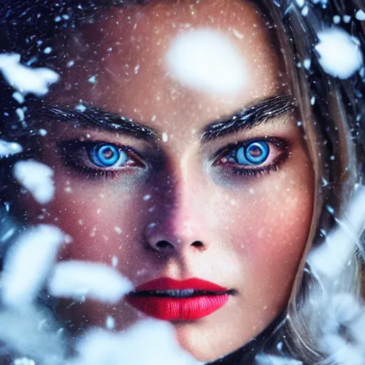 Image similar to a beautiful ultradetailed fantasy character portrait of margot robbie as a geisha wielding a sword by zach sutton and charlie bowater, catchlight in the eyes, trending in behance, close up 50mm portrait photo, bokeh, 4K, during snowfall